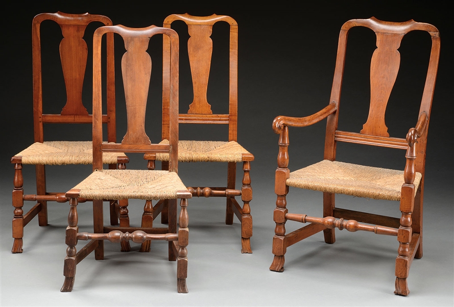 FOUR QUEEN ANNE MAPLE SPANISH FOOT CHAIRS.                                                                                                                                                              