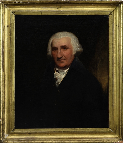 MANNER OF GILBERT STUART (ANGLO-AMERICAN, 1755 - 1828) "PORTRAIT OF EDWARD KING" OIL ON CANVAS 3/4 LENGTH PORTRAIT OF A DISTINGUISHED GENTLEMAN SPORTING A BLACK JACKET AND POWDERED WIG                
