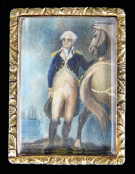 EARLY WATERCOLOR GOLD BROOCH OF WASHINGTON AT DORCESTER HEIGHTS.                                                                                                                                        