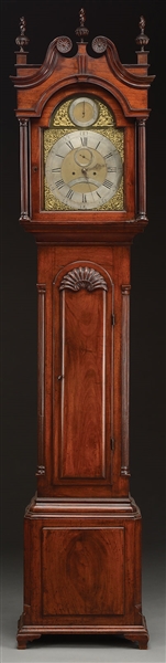 IMPORTANT CHIPPENDALE BLOCK-AND-SHELL CARVED FIGURED MAHOGANY TALL CASE CLOCK.                                                                                                                          