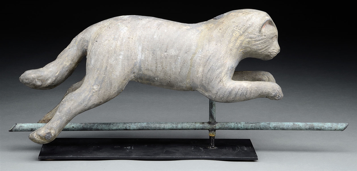 RARE FULL BODY CAST ZINC FIGURAL WEATHERVANE OF A LEAPING CAT.                                                                                                                                          