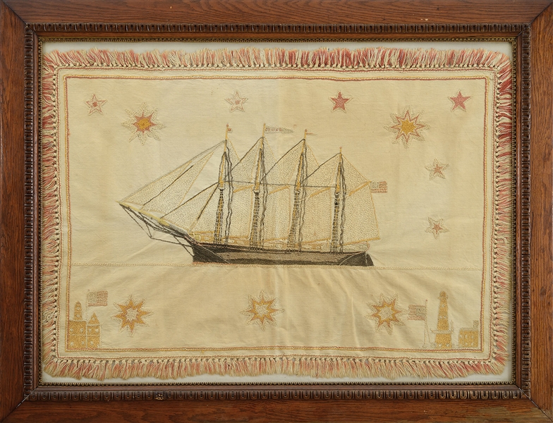 19TH CENTURY NEEDLEWORK BANNER OF AMERICAN SAILING SHIP                                                                                                                                                 