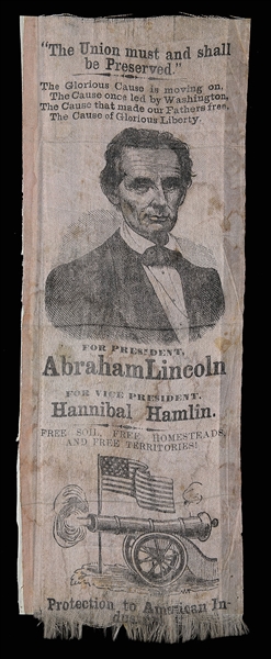 RARE LARGE AND DRAMATIC ABRAHAM LINCOLN 1860 CAMPAIGN RIBBON                                                                                                                                            