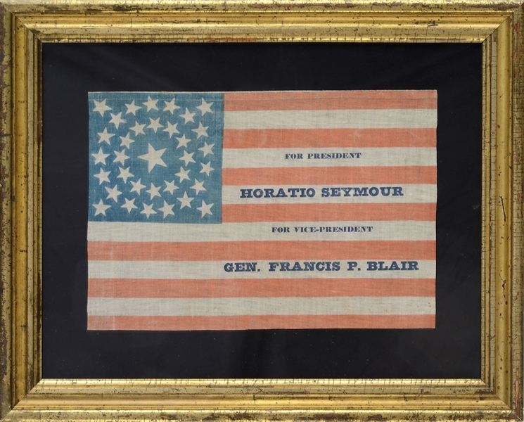VERY RARE UNIQUE AND PRISTINE PARADE FLAG FOR HORATIO SEYMOUR & FRANCIS BLAIR, PRESIDENTIAL ELECTION OF 1868 ALONG WITH COLORFUL 1876 CAMPAIGN FLAG OF RUTHERFORD B HAYES.                              