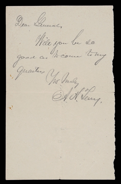 IMPORTANT AND HISTORICAL NOTE FROM GENERAL ALFRED TERRY TO GENERAL CUSTER FROM DIRECT DESCENT OF LIBBIE CUSTER.                                                                                         