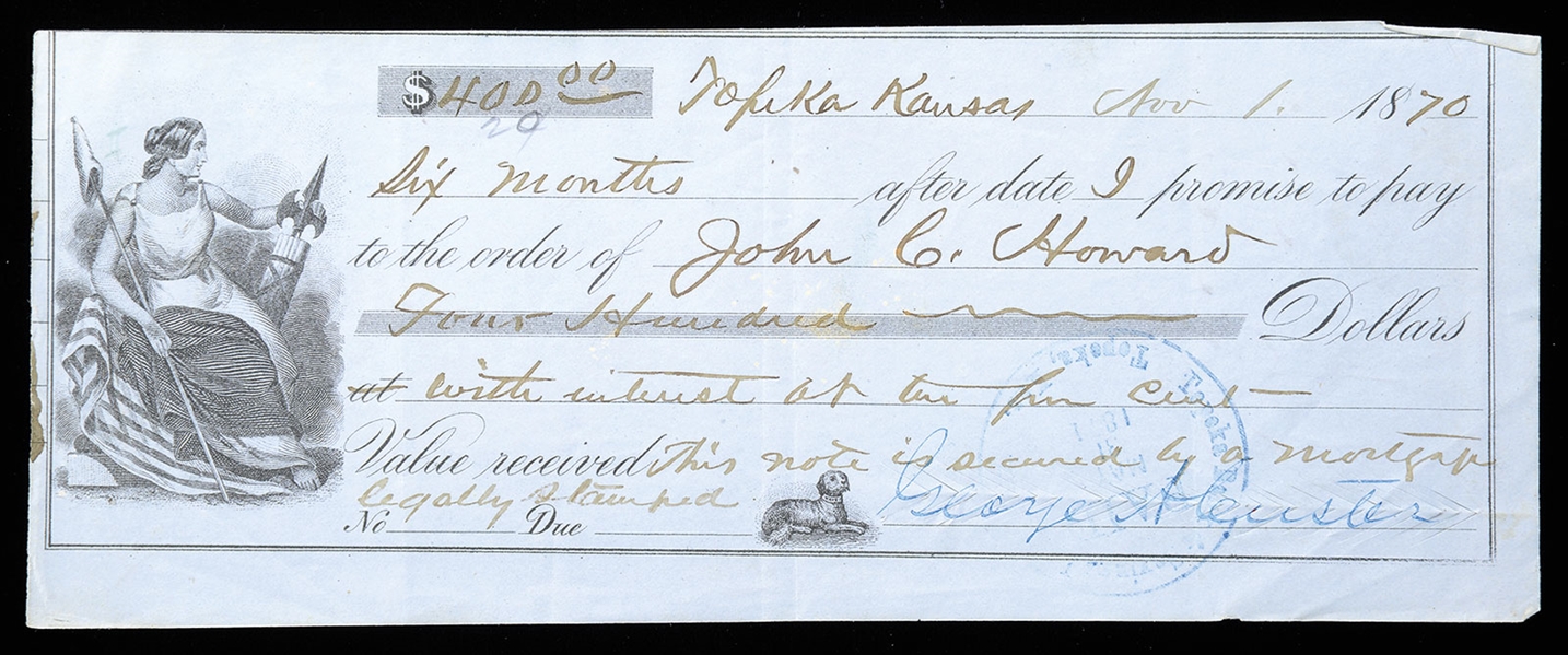 CUSTER ANS PROMISARY NOTE 1870                                                                                                                                                                          