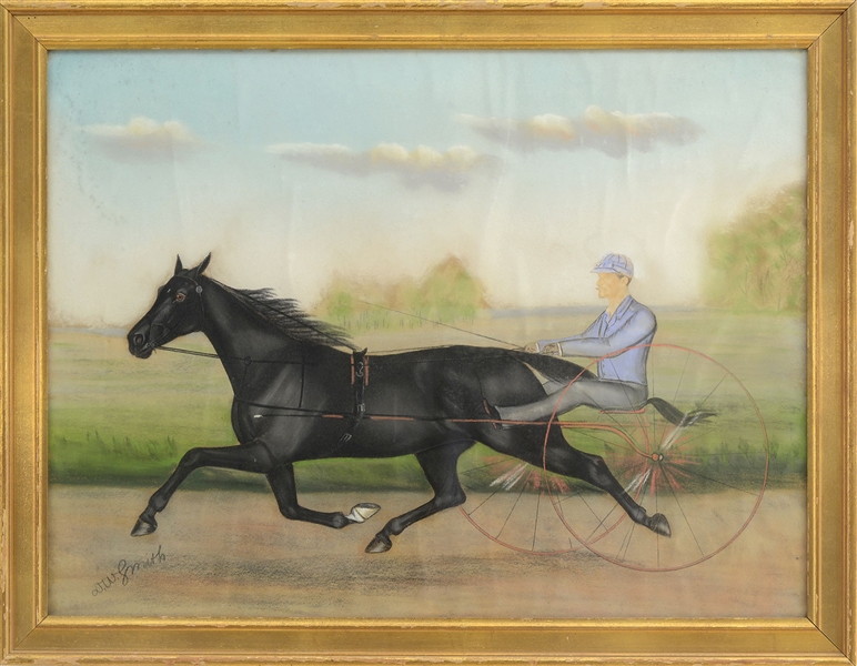 PASTEL HORSE & RIDER ON SULKY, CIRCA 1840                                                                                                                                                               