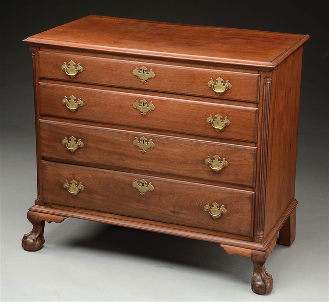 MAHOGANY CHIPPENDALE CHEST OF FOUR GRADUATED DRAWERS.                                                                                                                                                   