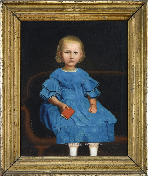 19TH C PORTRAIT OF A CHILD IN BLUE DRESS BY L BRAUN, 1861 ***ORIGINALLY FOUND IN A MAINE HOME                                                                                                           
