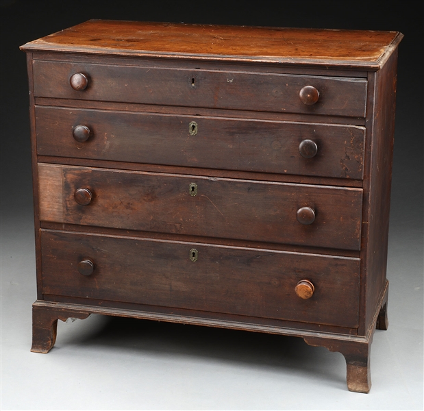 EARLY 19TH CENTURY HEPPLEWHITE FOUR-DRAWER CHEST IN OLD FINISH.                                                                                                                                         