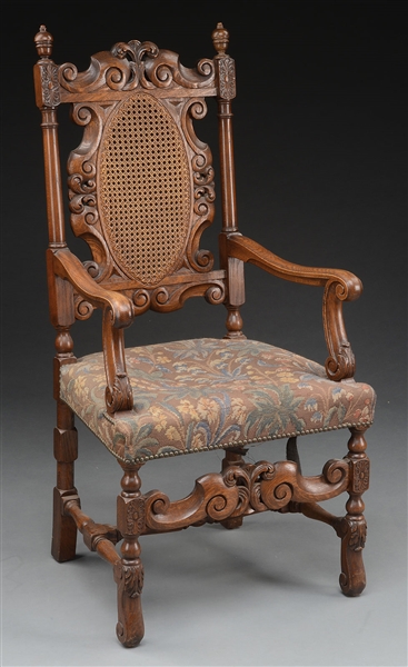 FINE TRANSITIONAL WILLIAM & MARY STYLE CARVED OAK ARMCHAIR, CIRCA 19TH CENTURY.                                                                                                                         