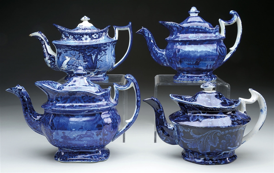 4 EARLY BLUE STAFFORDSHIRE TEAPOTS                                                                                                                                                                      
