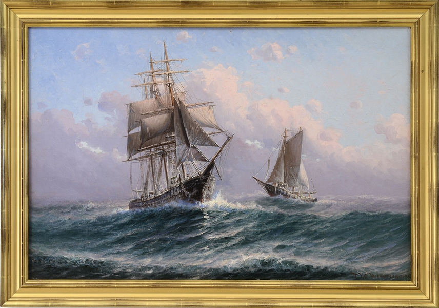 THEODORE VICTOR CARL VALENKAMPH (SWEDISH/AMERICAN, 1868-1924) TWO SHIPS IN OPEN SEAS                                                                                                                    