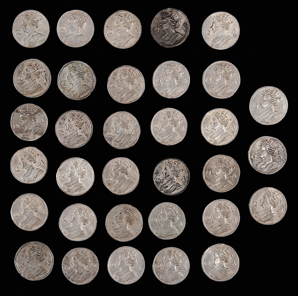 33 SILVER QUEEN ANNE GAMING TOKENS                                                                                                                                                                      