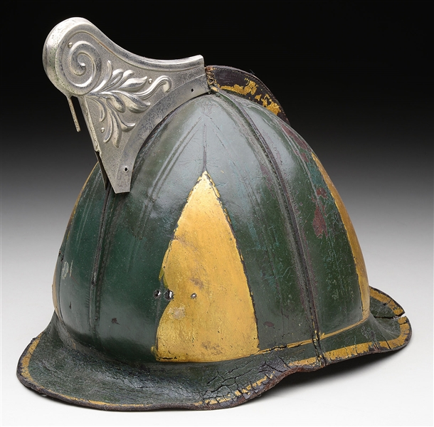 CHILDS PAINTED LEATHER AND METAL FIRE HELMET                                                                                                                                                           