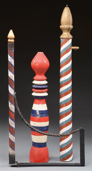 THREE CARVED AND PAINTED BARBER POLES.                                                                                                                                                                  