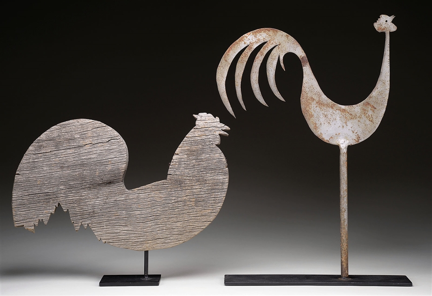 SHEET IRON ROOSTER WEATHERVANE TOGETHER WITH A WOODEN ROOSTER WEATHERVANE.                                                                                                                              