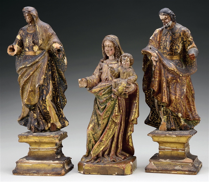 LOT OF THREE GILT DECORATED CARVED RELIGIOUS FIGURES.                                                                                                                                                   