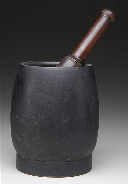RARE BLACK PAINTED MORTAR AND PESTLE.                                                                                                                                                                   