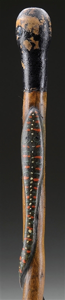 PAINT DECORATED CARVED SNAKE WALKING STICK.                                                                                                                                                             
