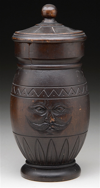 RARE CARVED PINE TOBACCO JAR WITH LID.                                                                                                                                                                  