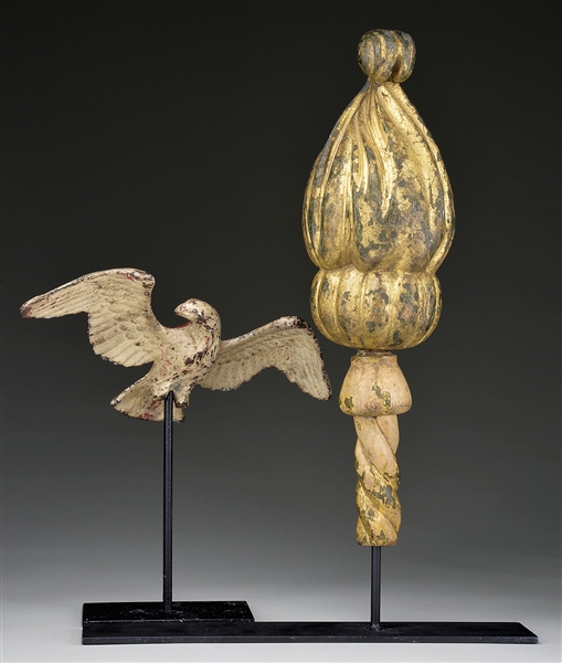 TWO ARCHITECTURAL ELEMENTS: IRON EAGLE AND GILTWOOD FINIAL                                                                                                                                              