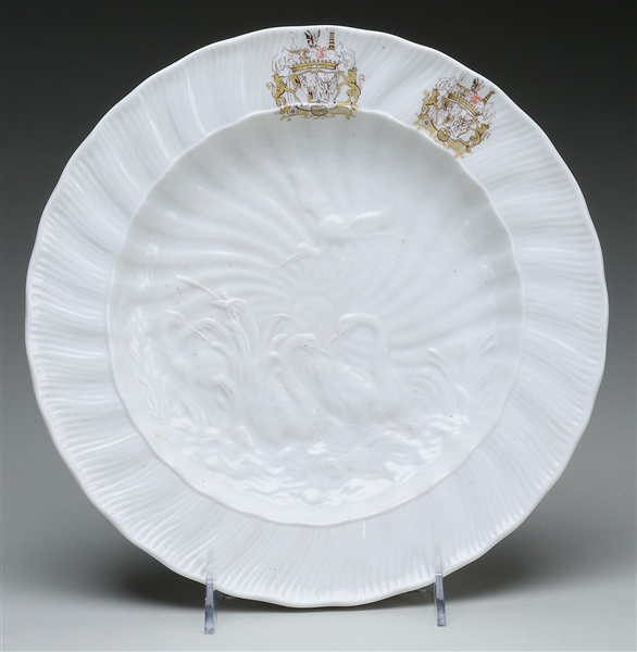 JOACHIM KANDLER MEISSEN SWAN PLATE CA 1730 WITH ARMORIAL CRESTS                                                                                                                                         