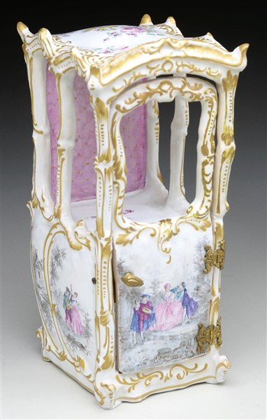 CONTINENTAL FAIENCE MODEL OF A SEDAN CHAIR, WITH A GOLD CROWNED WHEEL MARK FOR HOCHST.                                                                                                                  