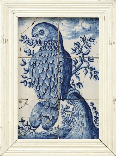 PAIR OF EARLY SIX TILE DELFT PARROTS.                                                                                                                                                                   
