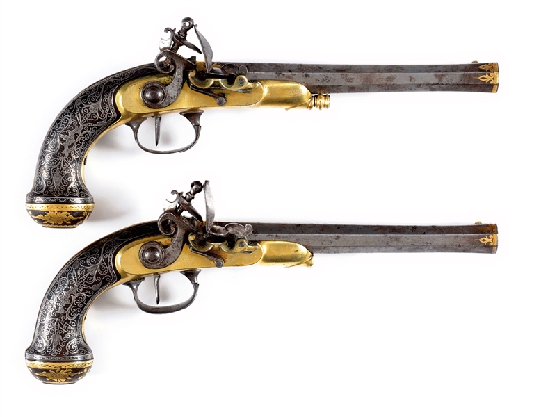 FABULOUS PAIR FRENCH EMPIRE FLINTLOCK PISTOLS DECORATED IN THE OTTOMAN STYLE.                                                                                                                           