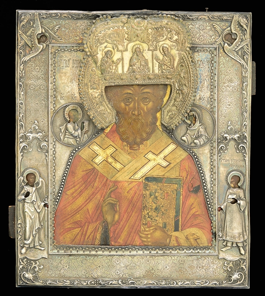 GROUP OF 8 PAINTED SILVER AND WOOD ICONS                                                                                                                                                                