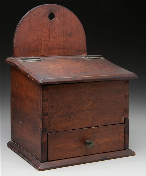 SUPERB LIDDED CHERRY WALL BOX WITH DRAWER.                                                                                                                                                              