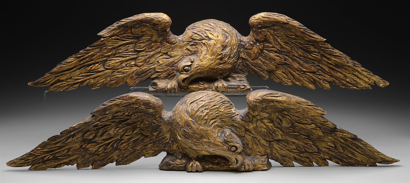 PAIR OF CARVED DISPLAYED ARCHITECTURAL EAGLES                                                                                                                                                           