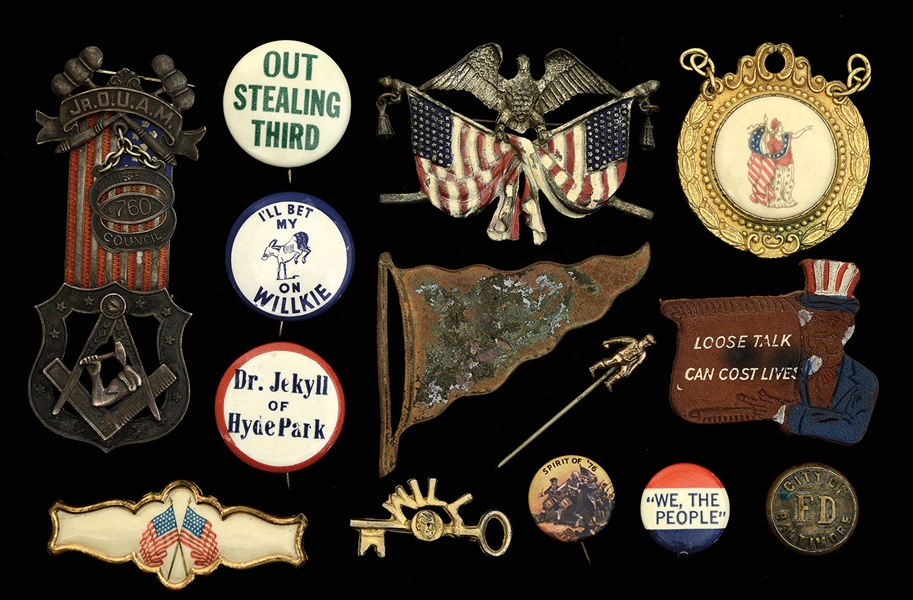 GROUP OF POLITICAL AND MISCELLANEOUS BADGES INCLUDING 3 FINE AND RARE EXAMPLES FROM WILLIAM MCKINLEY 1896 PRESIDENTIAL CAMPAIGN                                                                         