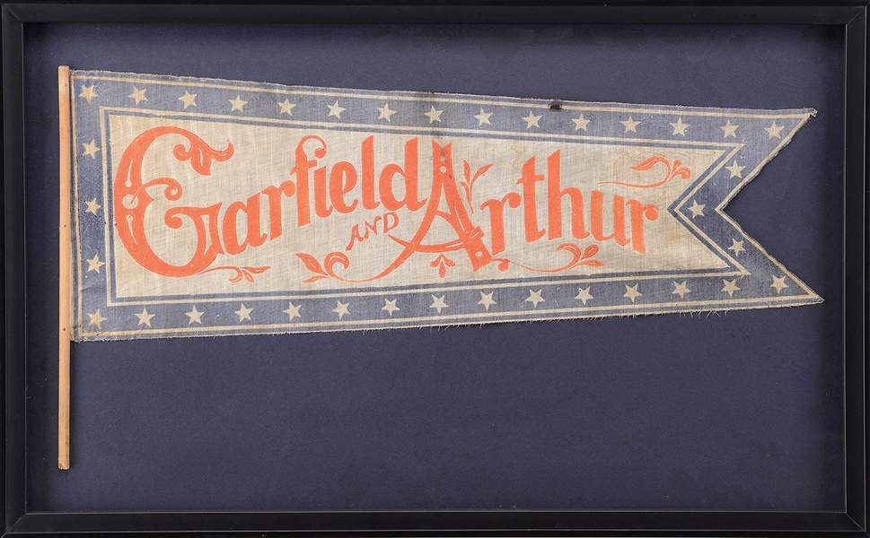 JAMES A GARFIELD AND CHESTER ARTHUR GLAZED COTTON PENNANT FROM 1880 PRESIDENTIAL CAMPAIGN                                                                                                               