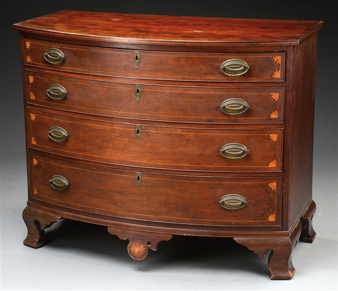 FINE INLAID CONNECTICUT CHIPPENDALE BOW-FRONT MAHOGANY CHEST OF DRAWERS DESCENDING IN THE CHAUNCEY FAMILY (SECOND PRESIDENT OF HARVARD).                                                                