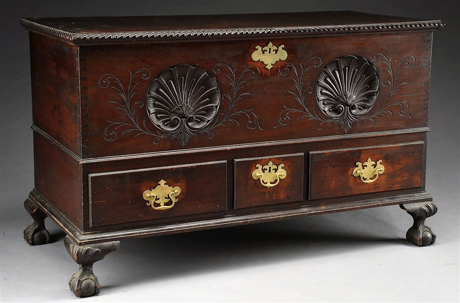 18TH CENTURY CHIPPENDALE BALL AND CLAW FOOT PENNSYLVANIA BLANKET CHEST WITH THREE DRAWERS.                                                                                                              