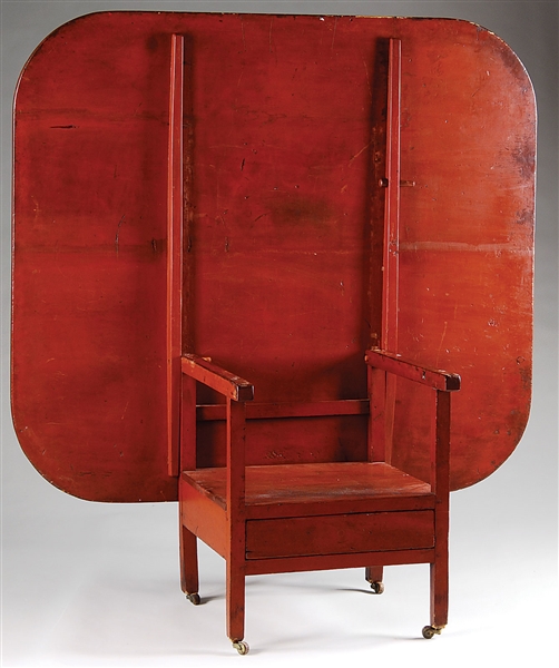EARLY AMERICAN CHAIR TABLE IN RED PAINT.                                                                                                                                                                