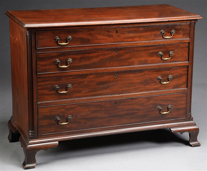 PENNSYLVANIA MAHOGANY FOUR DRAWER CHEST WITH QUARTER COLUMNS AND OGEE BRACKET FEET.                                                                                                                     