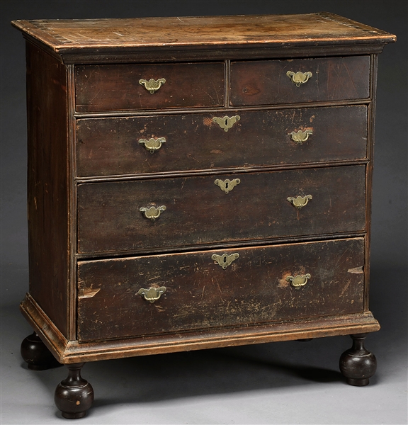 WILLIAM AND MARY BALL FOOT TWO OVER THREE DRAWER CHEST.                                                                                                                                                 