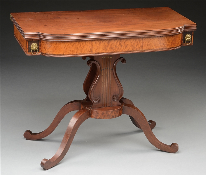 CLASSICAL MAHOGANY LYRE BASE FOLD OVER CARD TABLE.                                                                                                                                                      