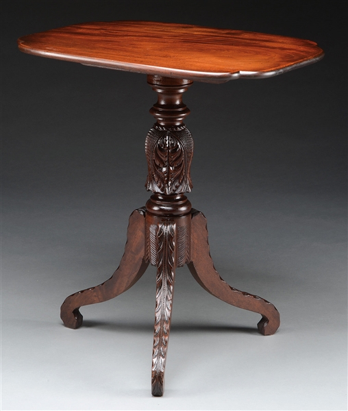 HIGH QUALITY FEDERAL MAHOGANY TILT TOP CARVED CANDLE STAND.                                                                                                                                             