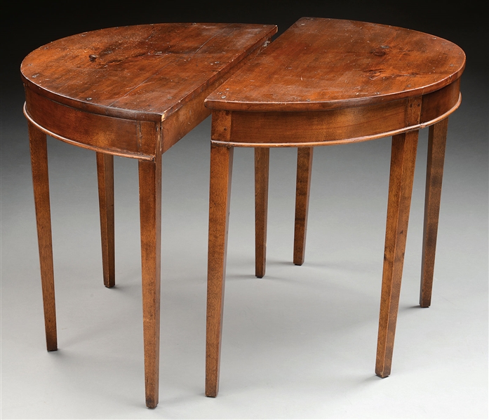 PAIR OF DEMILUNE BIRCH CONSOLE TABLES.                                                                                                                                                                  