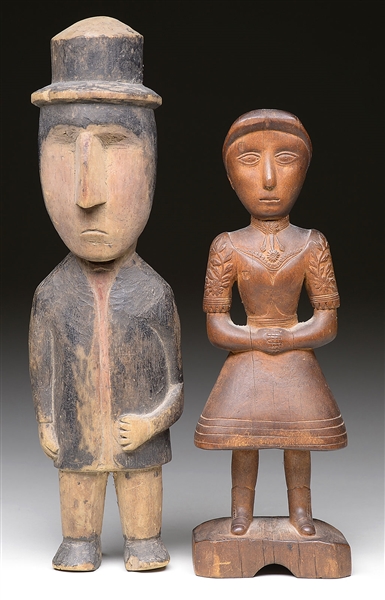 TWO FOLK ART CARVINGS OF MAN AND WOMAN.                                                                                                                                                                 