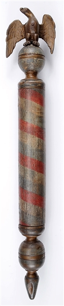 FINE PAINTED TURNED WOOD BARBERS POLE WITH EAGLE FINIAL.                                                                                                                                              