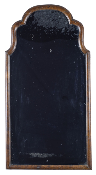 GEORGE II STYLE LOOKING GLASS WITH BURL WOOD FRAME                                                                                                                                                      
