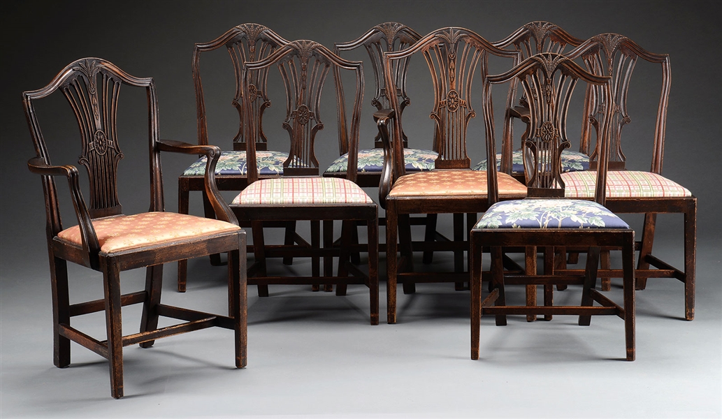 SET OF EIGHT HEPPLEWHITE CARVED MAHOGANY DINING CHAIRS.                                                                                                                                                 