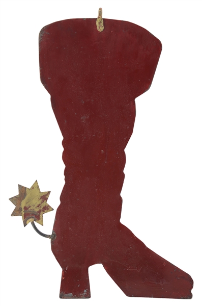 DOUBLE SIDED GRAPHIC COWBOY BOOT WITH SPUR TRADE SIGN.                                                                                                                                                  
