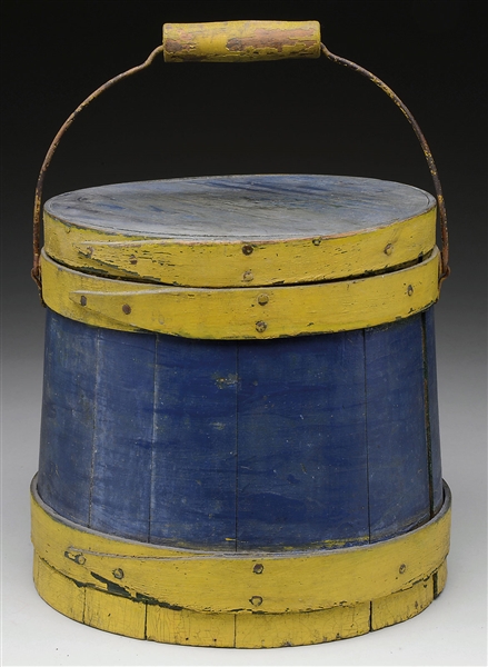 PINE FIRKIN IN BLUE AND YELLOW PAINT.                                                                                                                                                                   