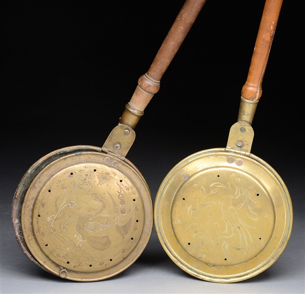 TWO BRASS BEDWARMERS                                                                                                                                                                                    